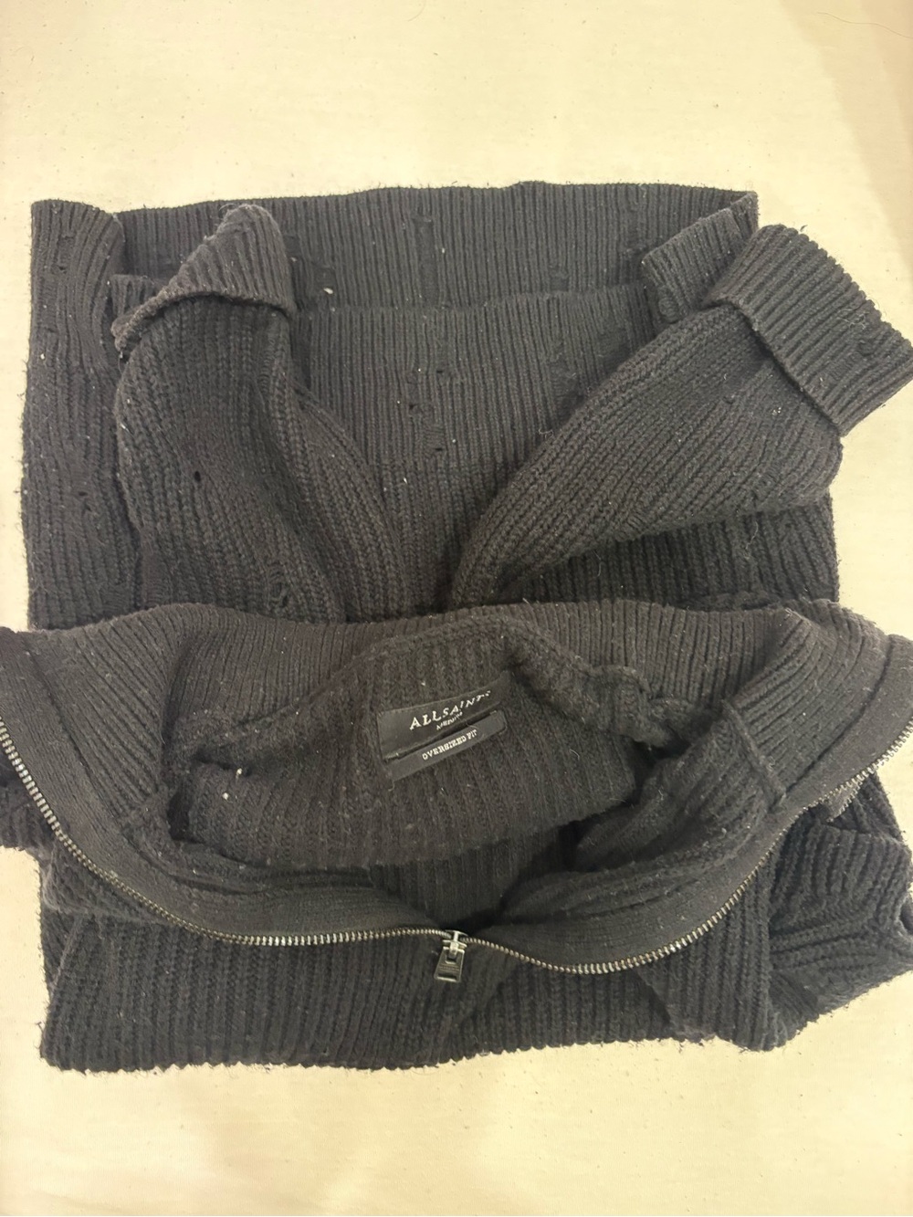 All Saints Black Ribbed Half-Zip Sweater